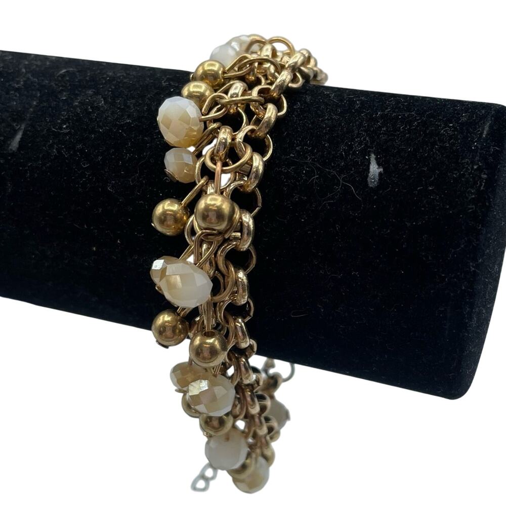 Gold Tone Cluster White Fauceted Bead Bracelet